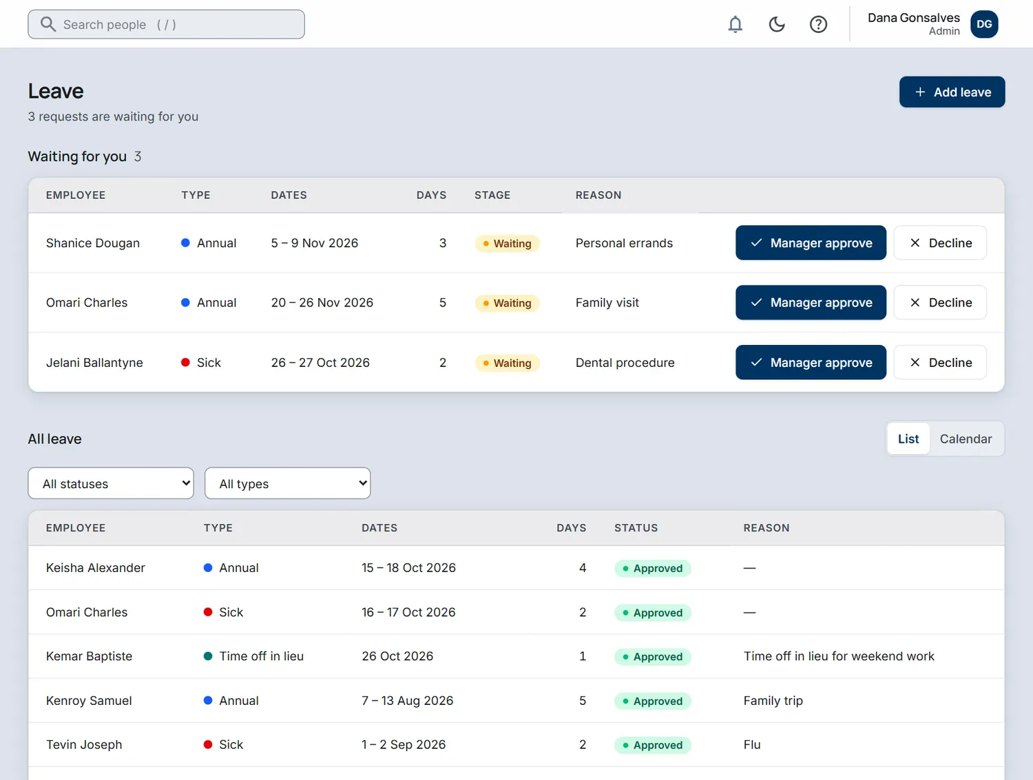 IslandsHR leave requests and balances. Sample company data.